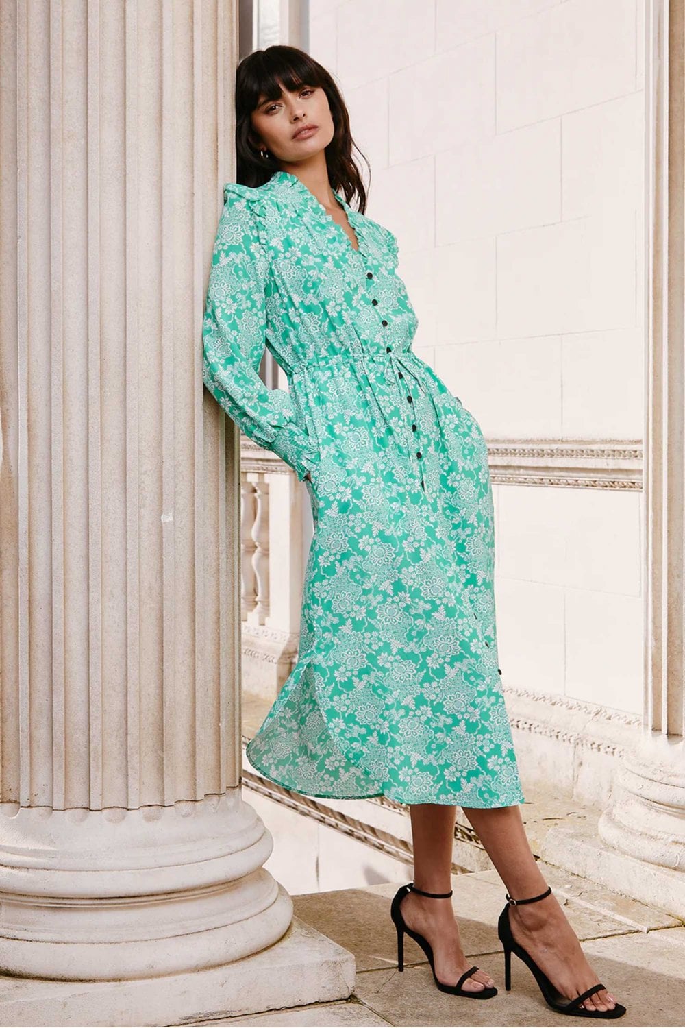 Cefinn Stella Dress in Green Damask at Sue Parkinson