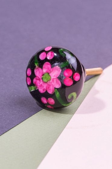 Black & Pink Hand Painted Carved Flower Door Knob