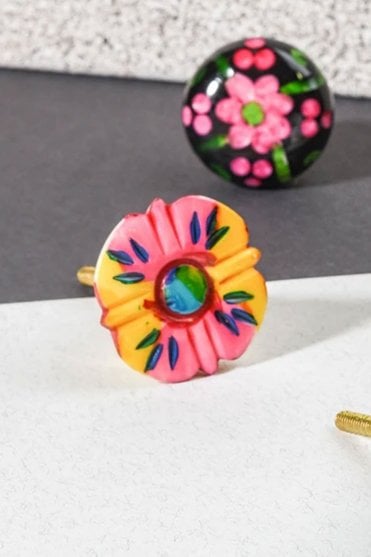 Pink and Yellow Hand Painted Carved Flower Door Knob