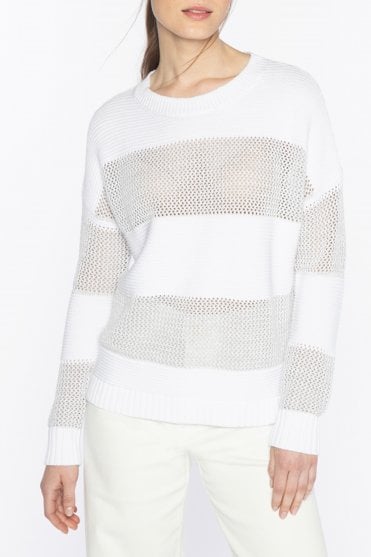 Mixed Stitch Lurex Crew in White
