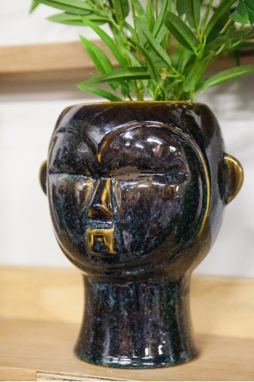Round Mask Face Plant Pot in Dark Brown